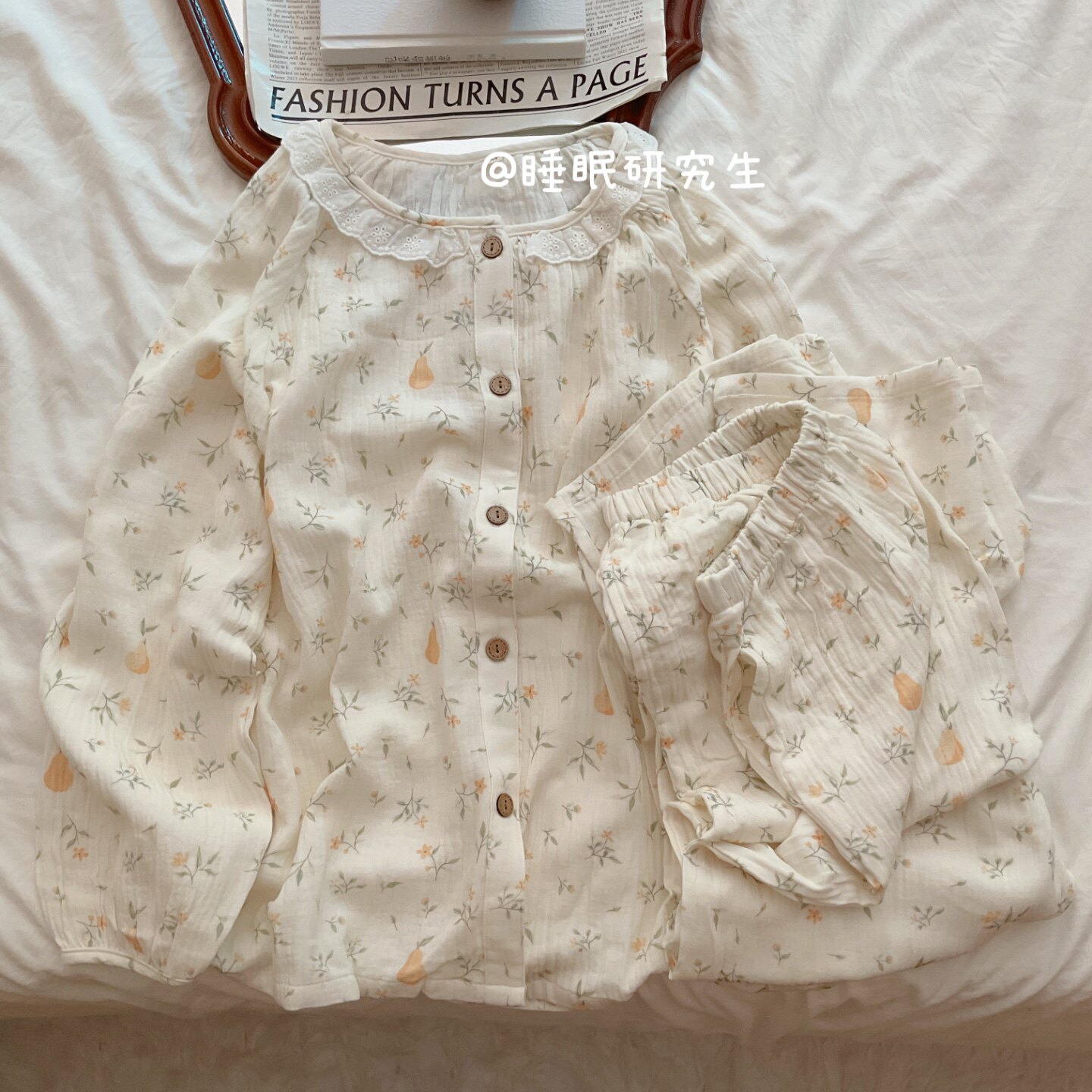 【甜梨香草茶】春夏季女睡衣家居服软料泡泡双层纱纯棉套装