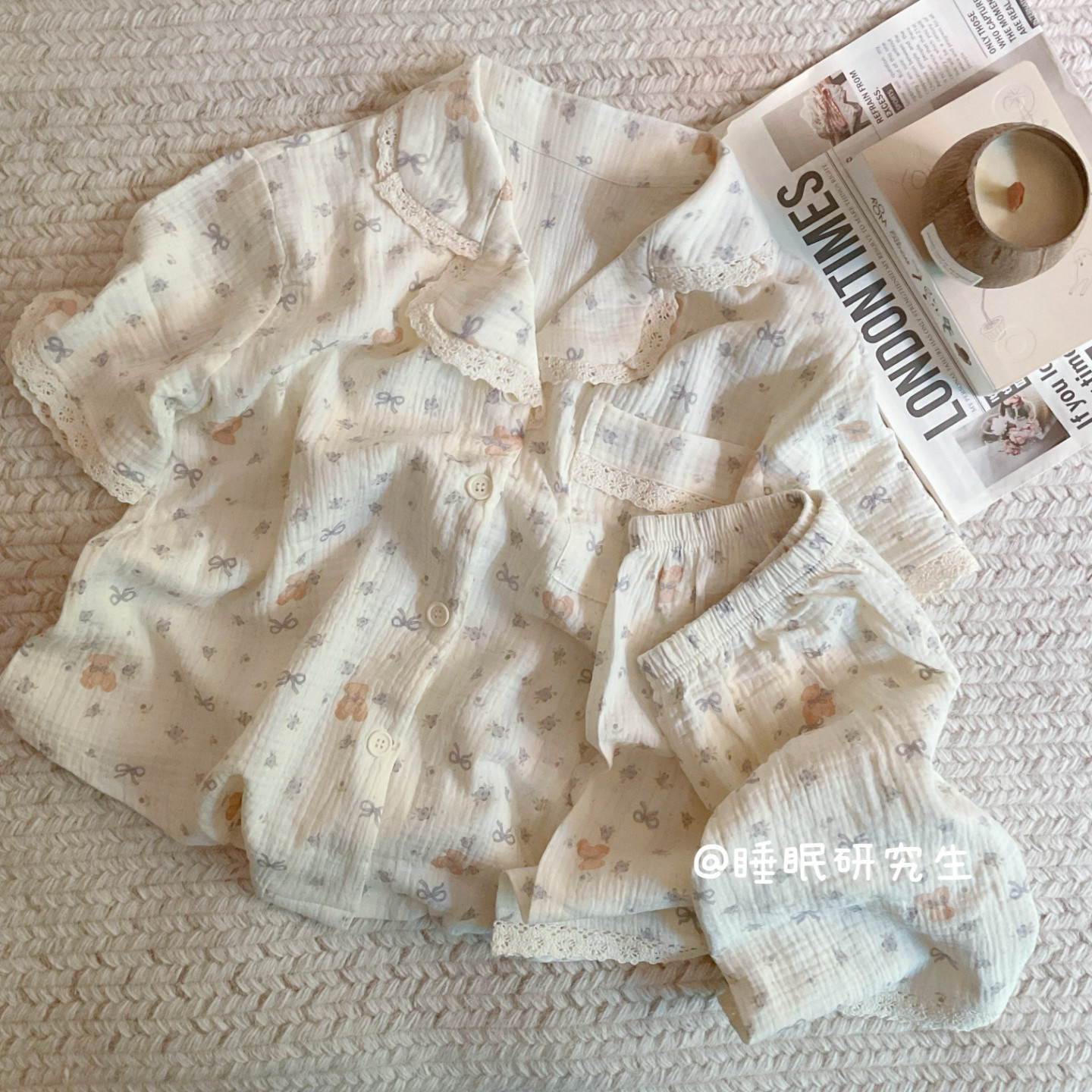 【薄荷小熊】夏季女睡衣短袖短裤家居服软料泡泡纱纯棉套装