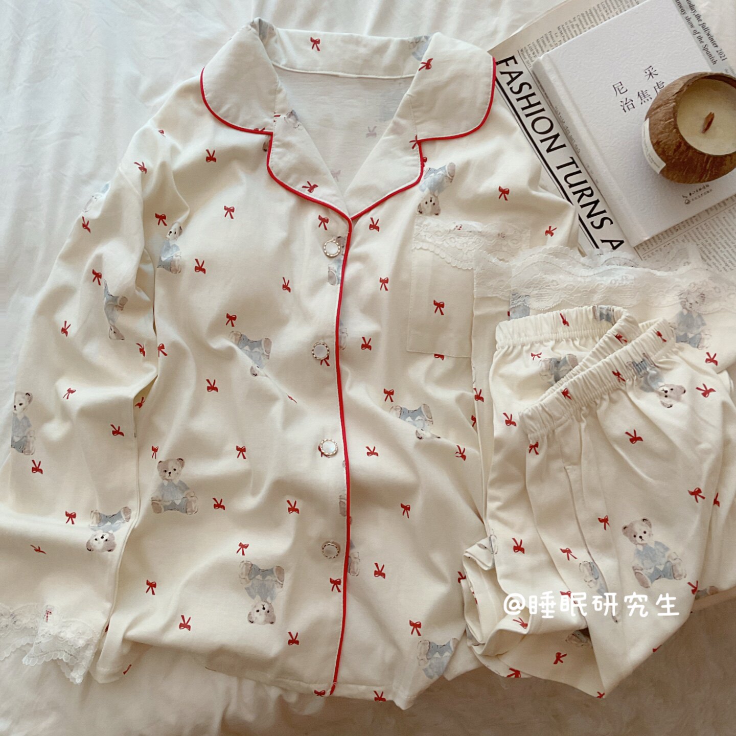 【樱桃小派】带胸垫春秋季女睡衣软料日系小熊简约家居服纯棉套装
