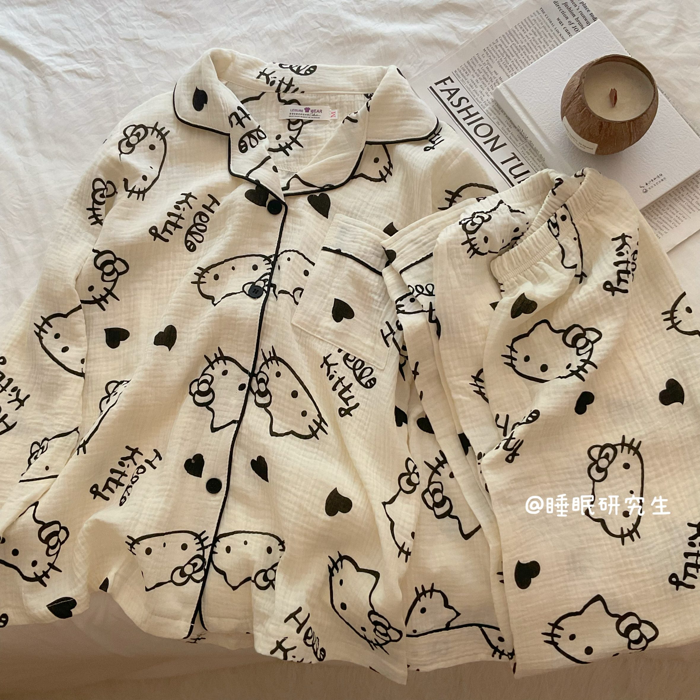 【软芯麻薯】早春新款女睡衣纯棉绉布家居服春秋两件套HelloKitty