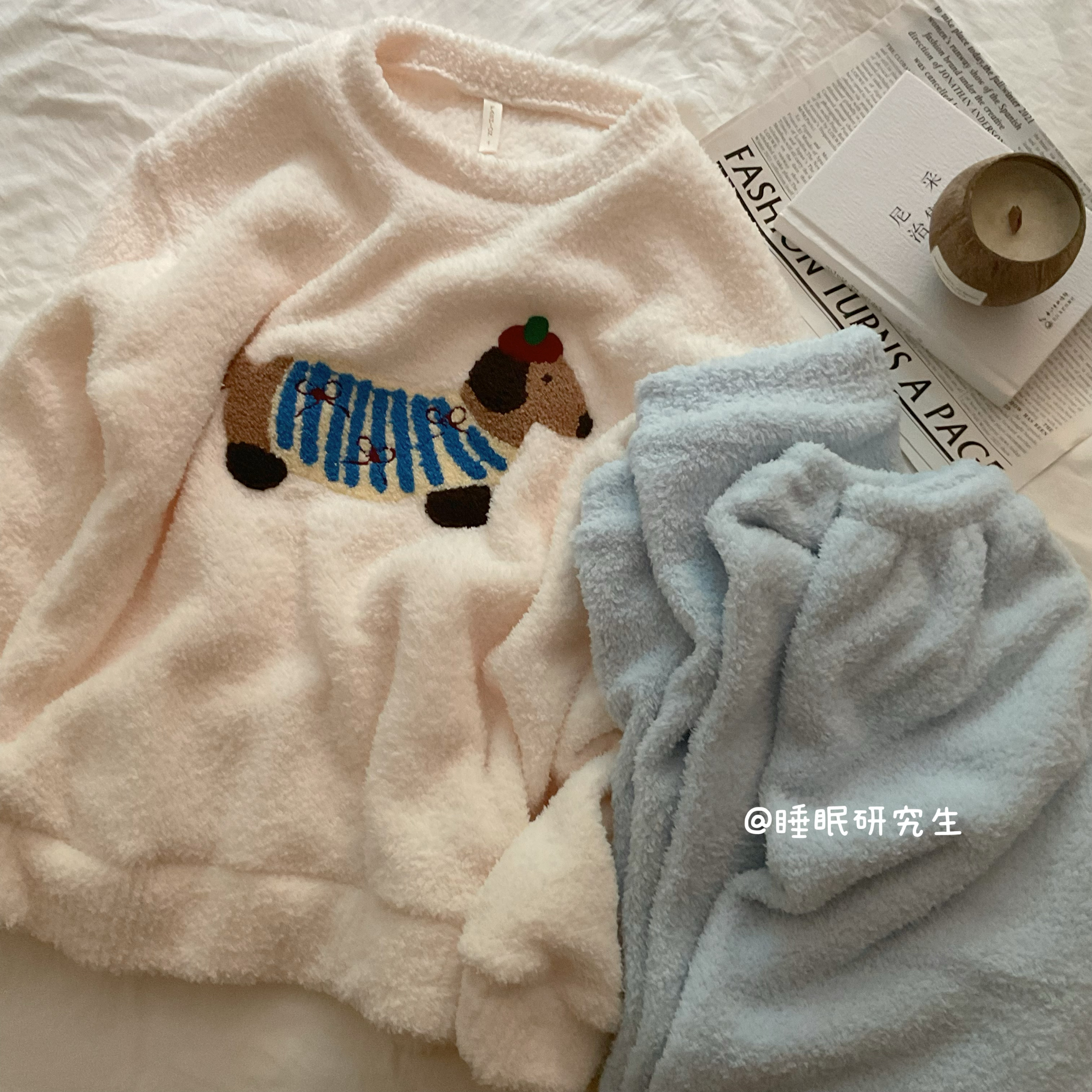 【格林威治的雪】软绵绵秋冬季女睡衣毛巾绒两件套珊瑚绒腊肠小狗