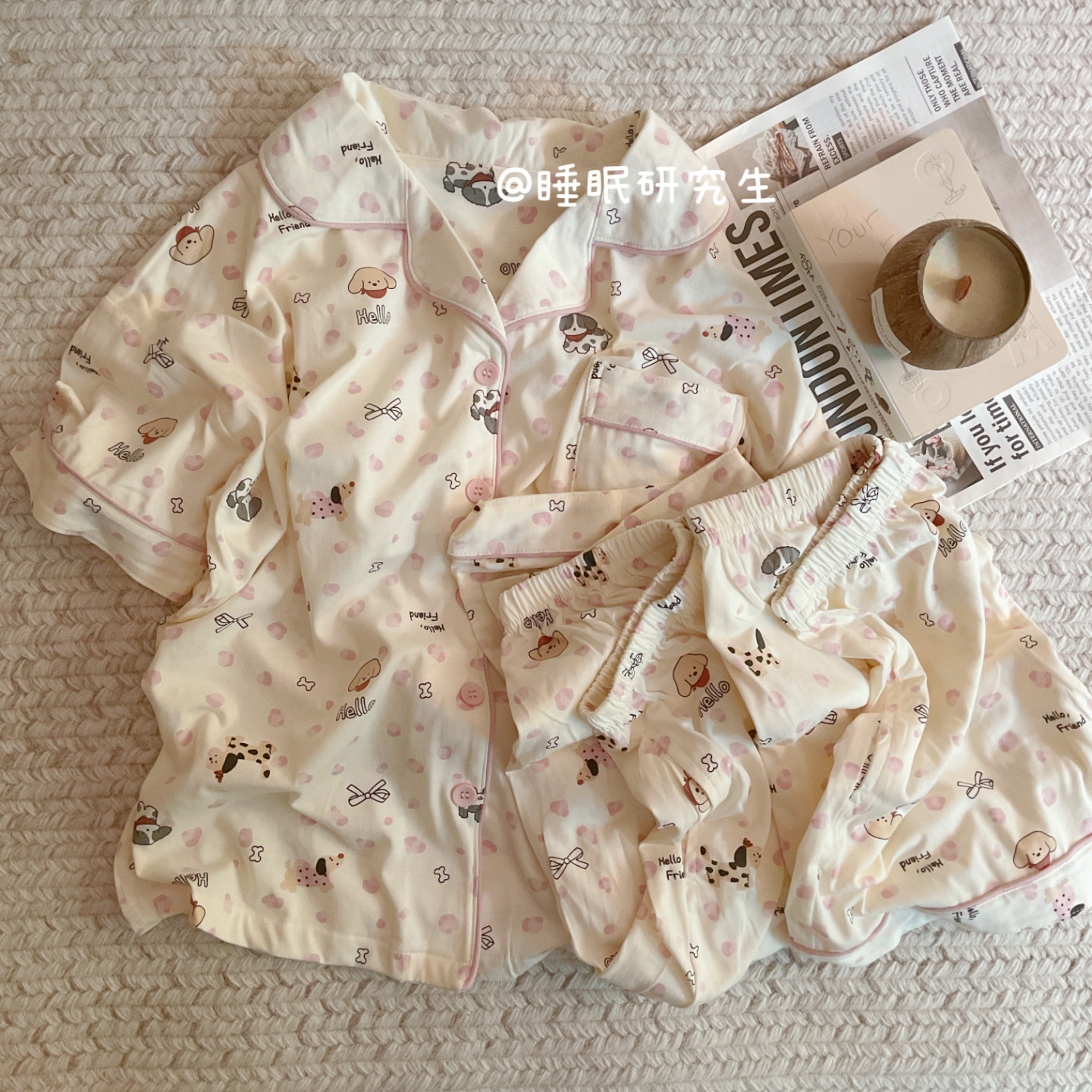 【草莓乳酪】春夏季女睡衣软料日系小狗家居服短袖棉质三件套装