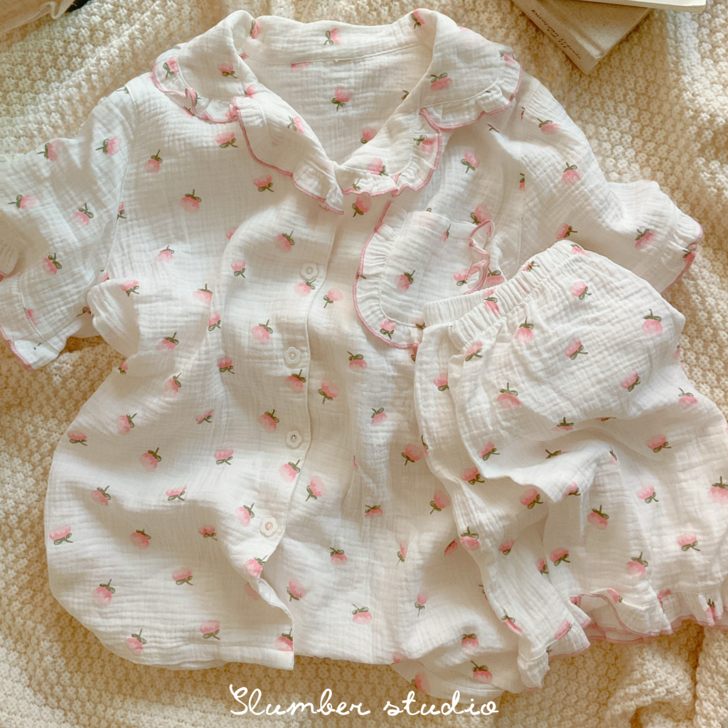 【莉莉安】短袖短裤夏季女睡衣绉布纯棉婴儿纱两件套睡眠研究生