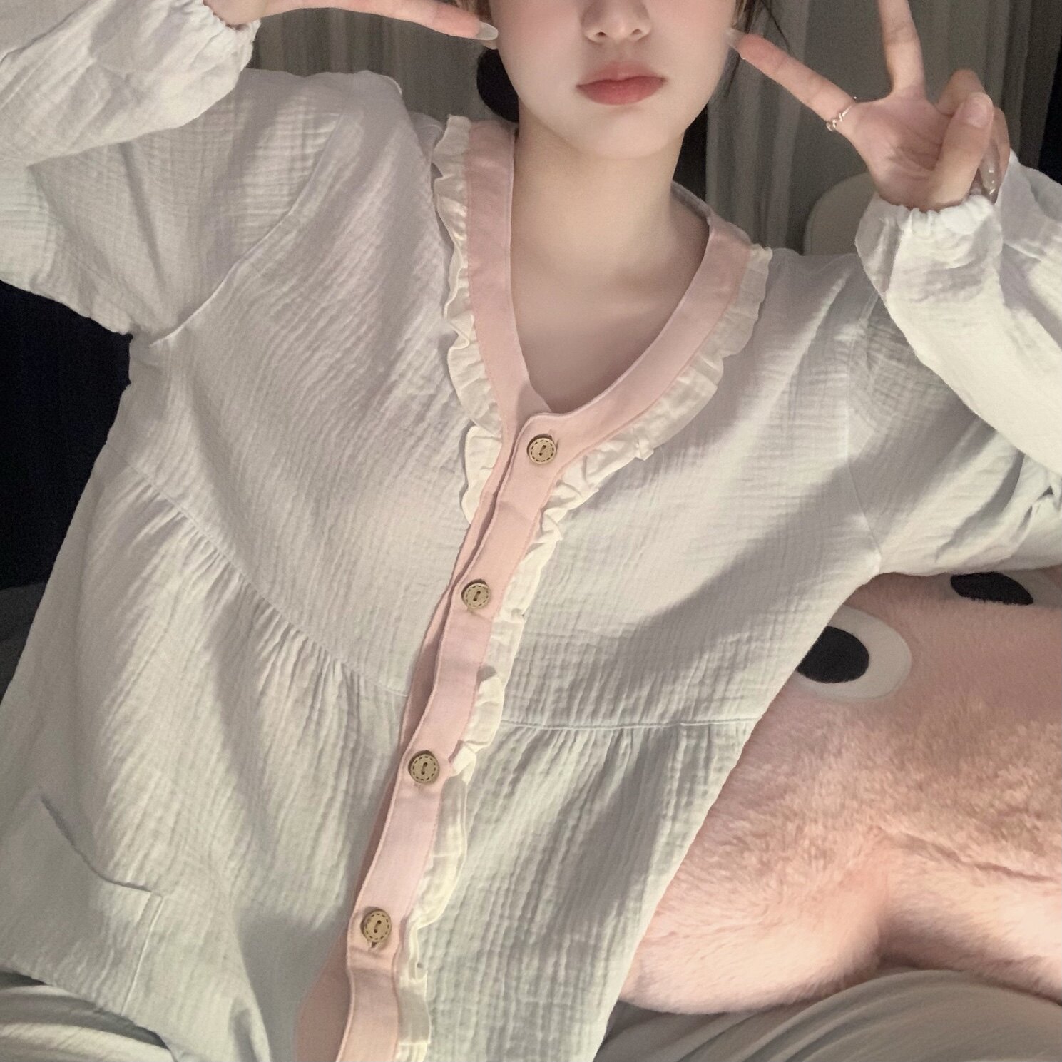 【芬兰风铃】春夏季新款女睡衣纯棉绉布甜美长袖长裤家居服两件套