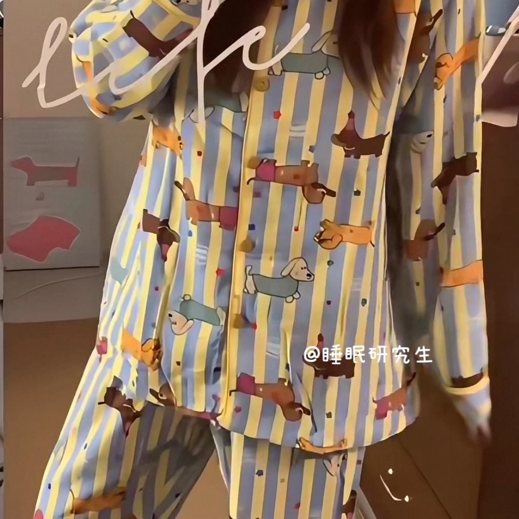 【码头薯条】秋季女睡衣纯棉套装柔雾纱卡通条纹美式小狗