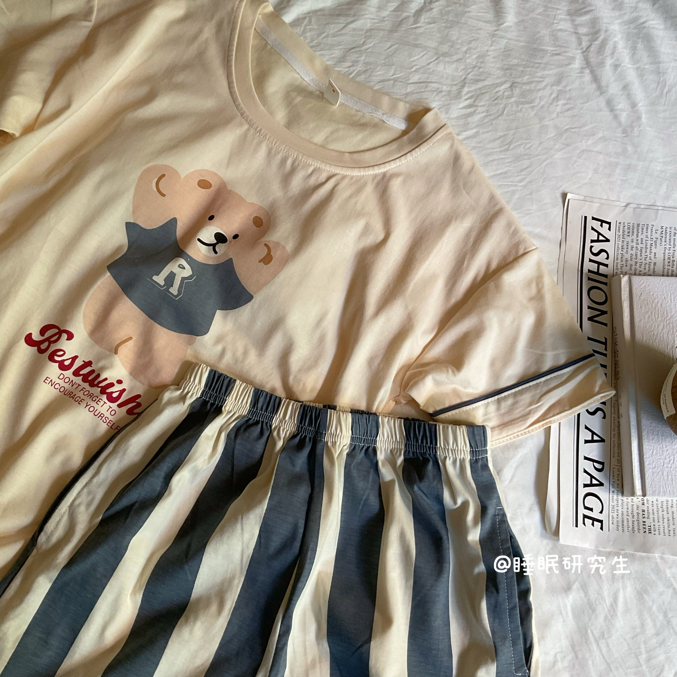 【起司小熊】自带胸垫夏季女睡衣纯棉短袖短裤可外穿家居服套装