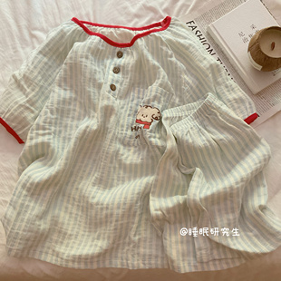 【北海道芝士】夏季女睡衣纯棉绉布套装软料婴儿纱条纹短袖短裤