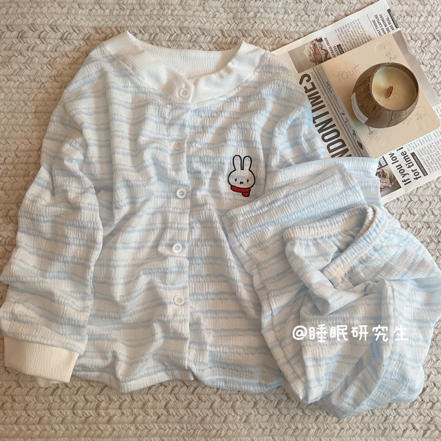 【夹心布蕾】春夏季女睡衣软料云感泡泡纱简约条纹家居服长袖套装