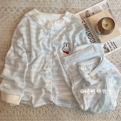 【夹心布蕾】春夏季女睡衣软料云感泡泡纱简约条纹家居服长袖套装