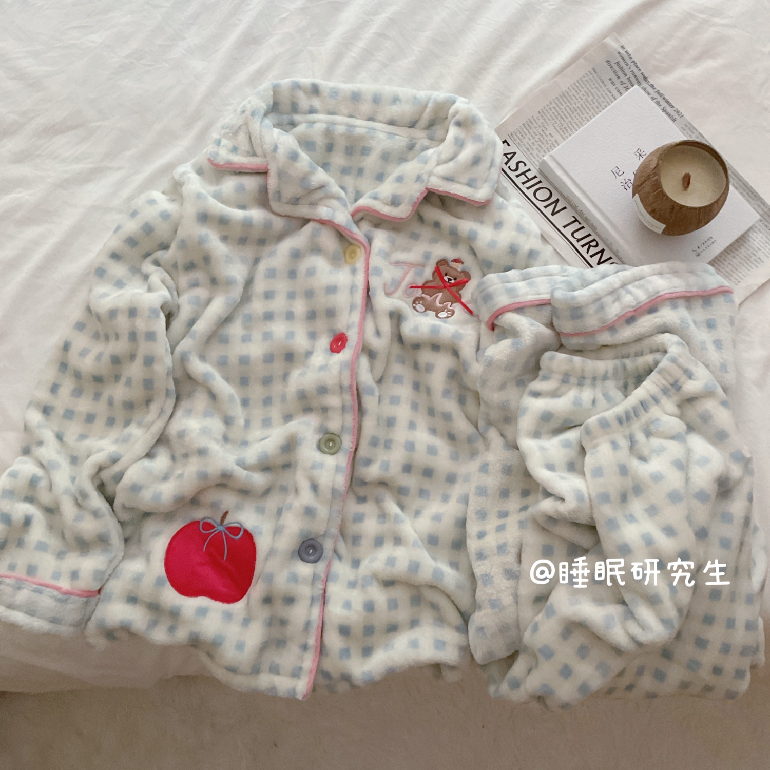 【泡泡苹果】秋冬季女睡衣软料柔肤法兰绒奶油格子家居服蓄热套装