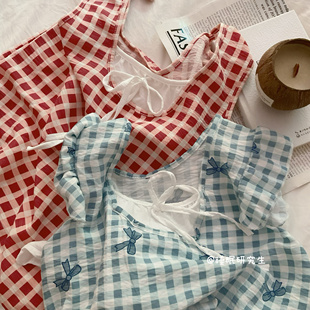 【夏日海边】夏季小奶皮女睡衣背心吊带套装格子假两件可外穿