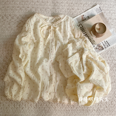 *【仲夏赞美诗】带胸垫秋季女睡衣纯棉长袖套装绉布婴儿棉碎花