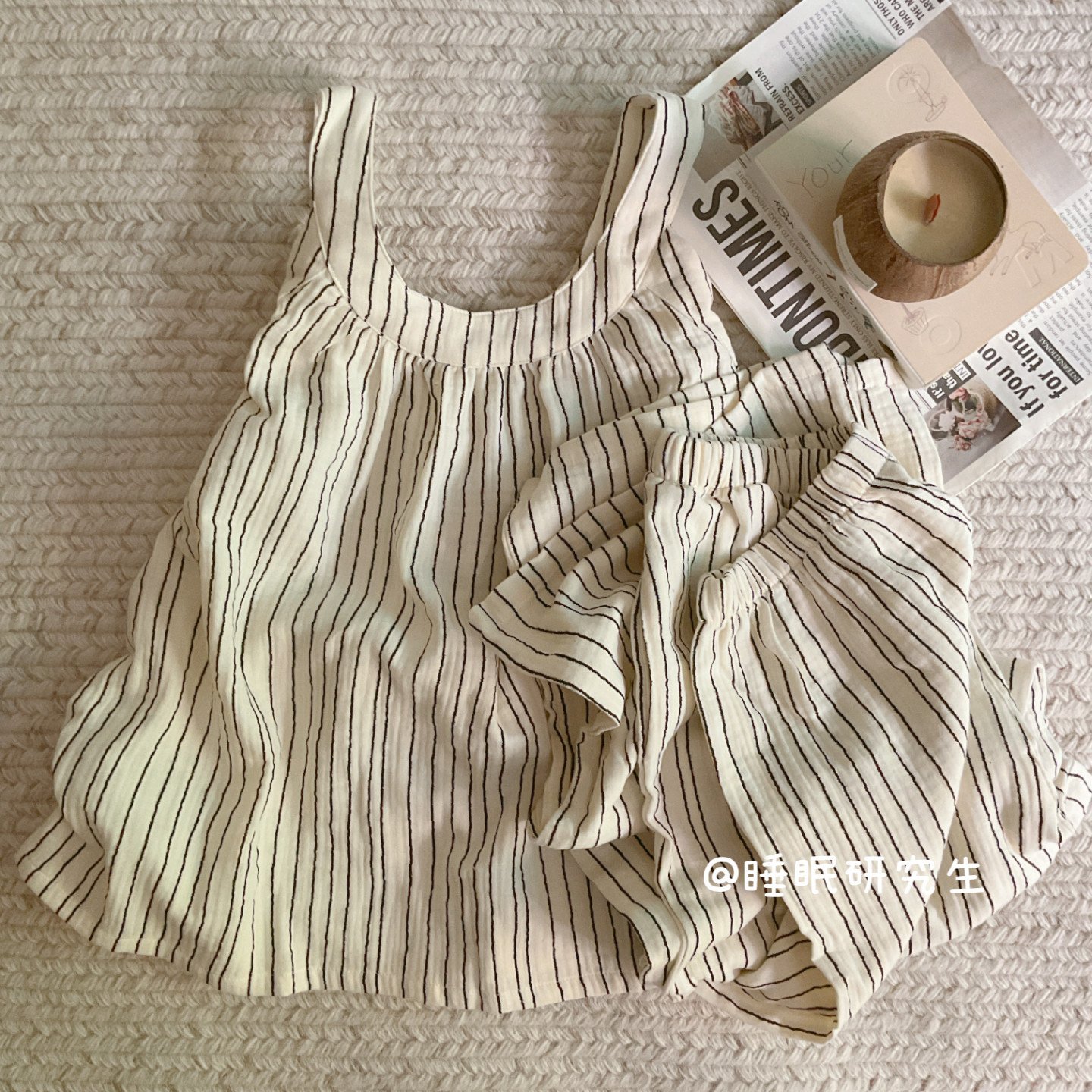 【罗马日记】夏季女睡衣家居服条纹软料纯棉泡泡纱吊带套装