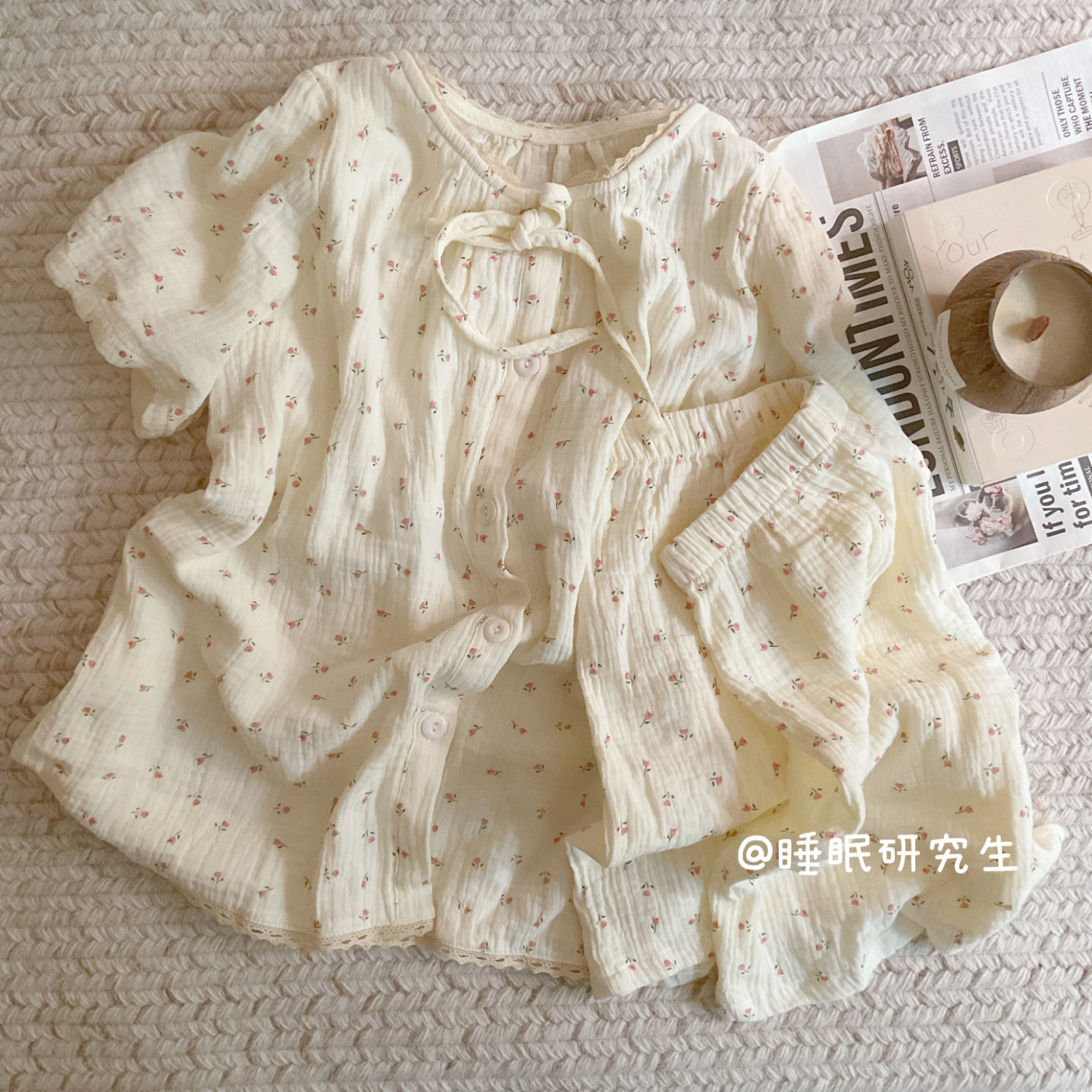 【仲夏赞美诗】带胸垫夏季女睡衣纯棉套装绉布短袖小碎花家居服