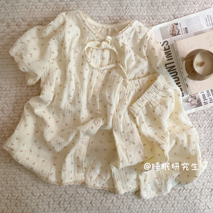 【仲夏赞美诗】带胸垫夏季女睡衣纯棉套装绉布短袖碎花睡眠研究生