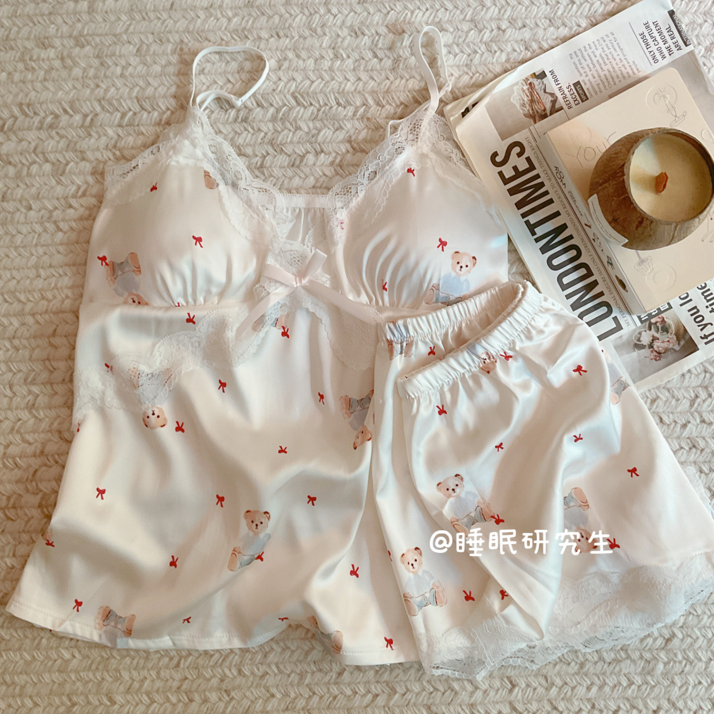 【小熊日记】带胸垫夏季女睡衣家居服丁香冰丝吊带短裤凉感柔滑