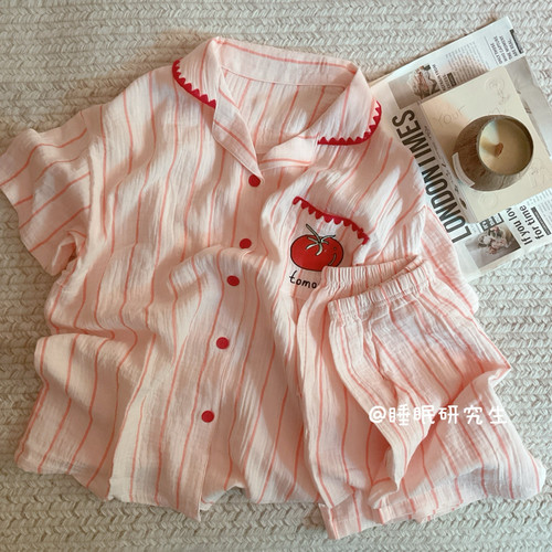 【樱桃番茄】夏季女睡衣泡泡纱家居服软料纯棉套装双口袋
