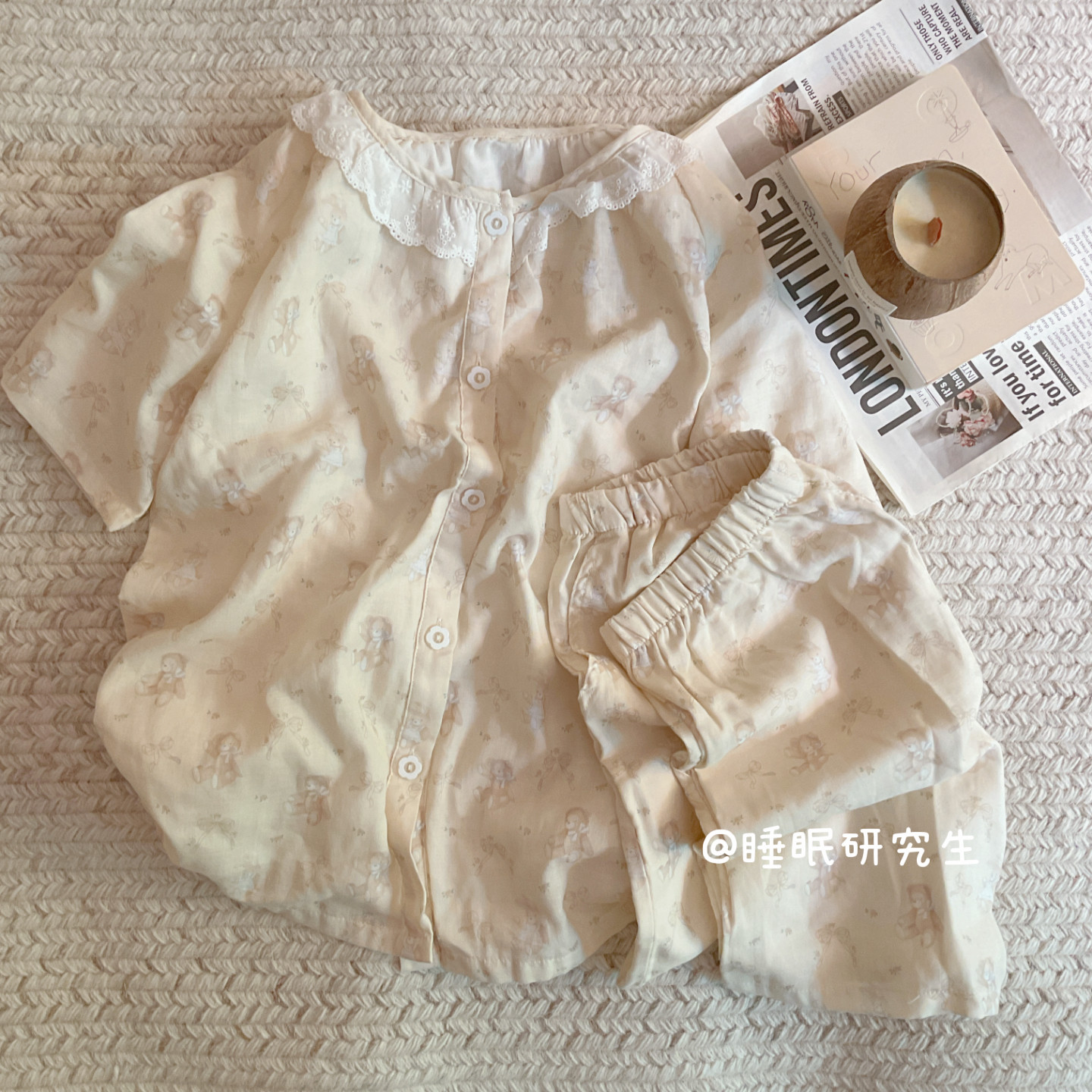 *【花生牛奶】夏款女睡衣软料纯棉柔雾纱短袖套装小熊日系