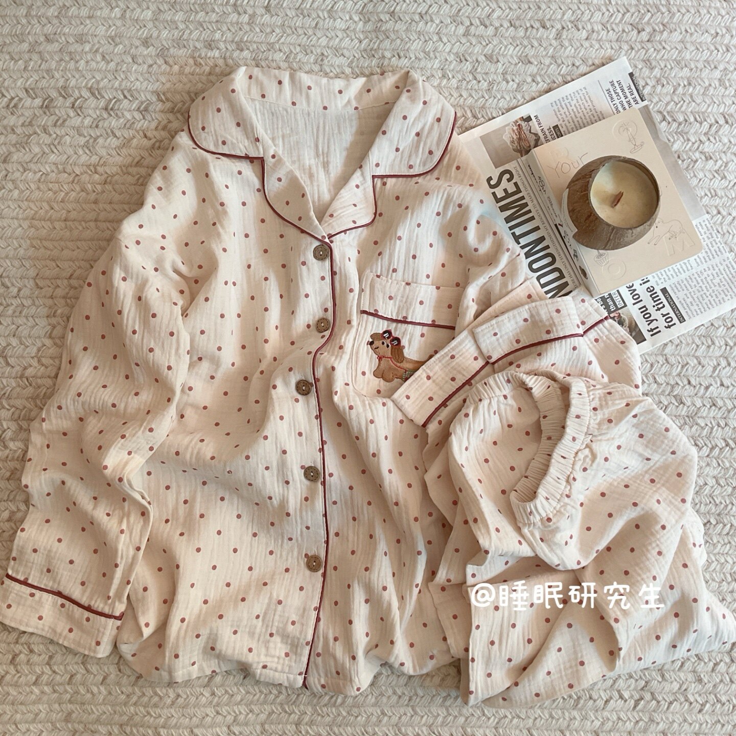 【小狗旅行家】春夏季女睡衣软料婴儿纱波点家居服长袖纯棉套装