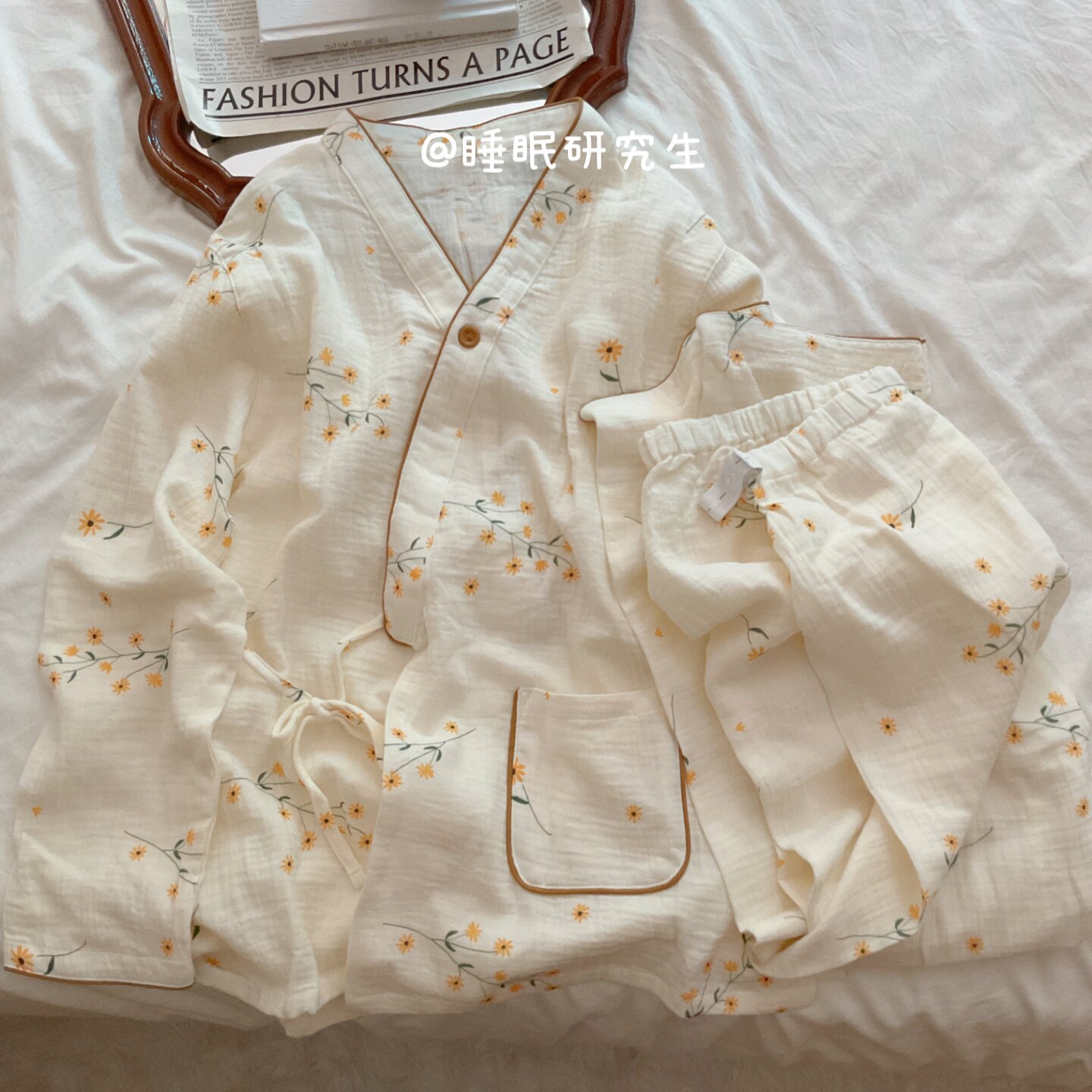 【小洋甘菊】月子服春夏季女睡衣软料泡泡纱家居服纯棉套装v领