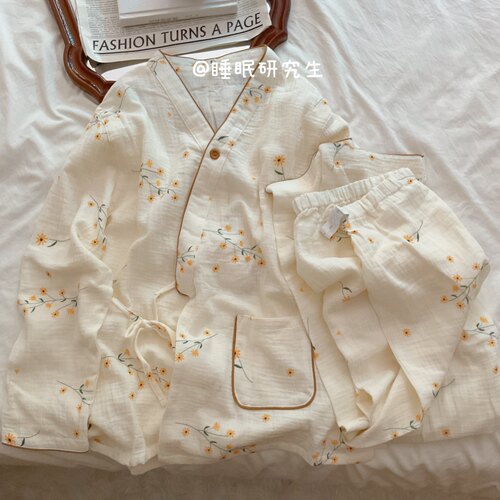 【小洋甘菊】月子服春夏季女睡衣软料泡泡纱家居服纯棉套装v领