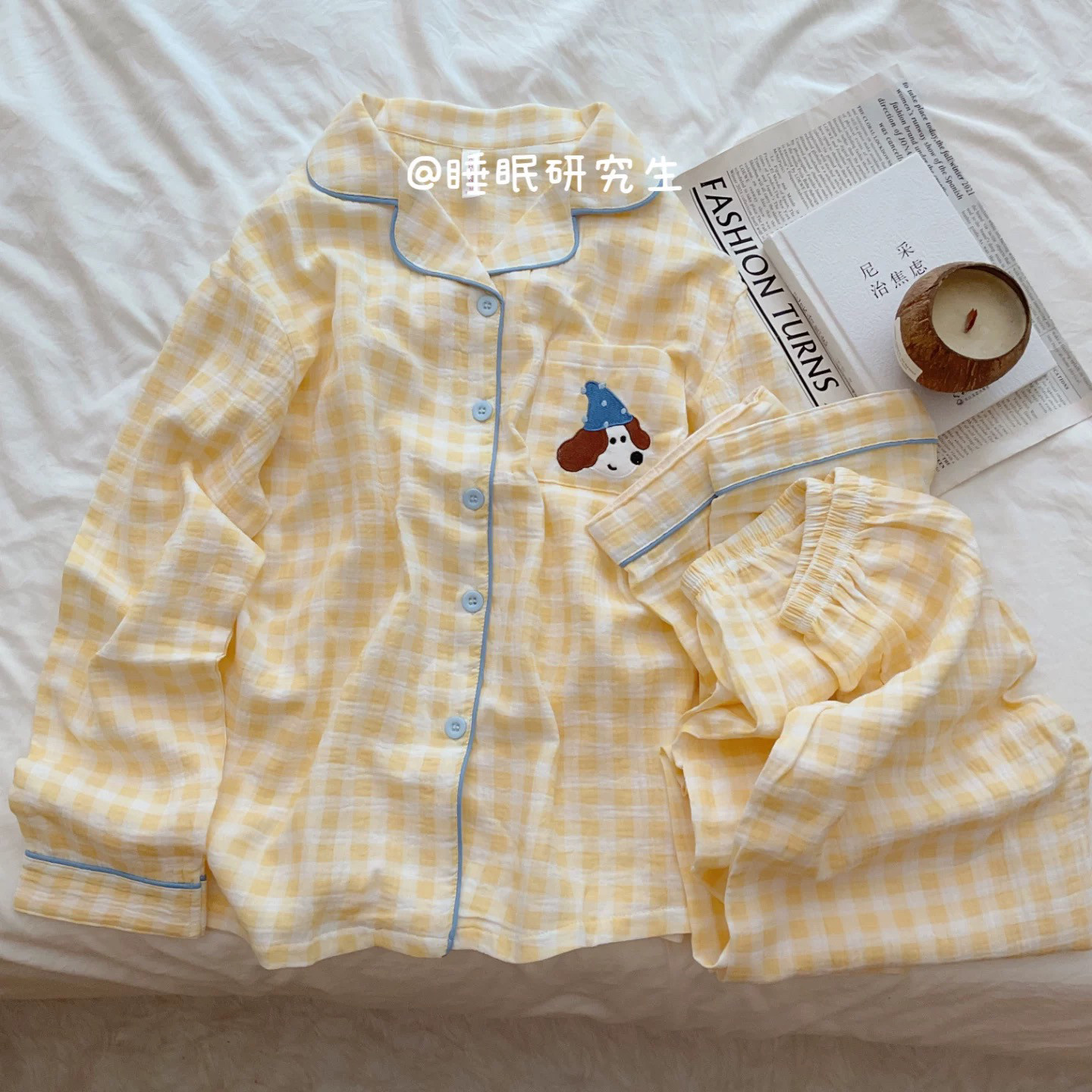 【戴睡帽的小狗】秋季女睡衣软料婴儿棉家居服纯棉织物压边卷毛狗