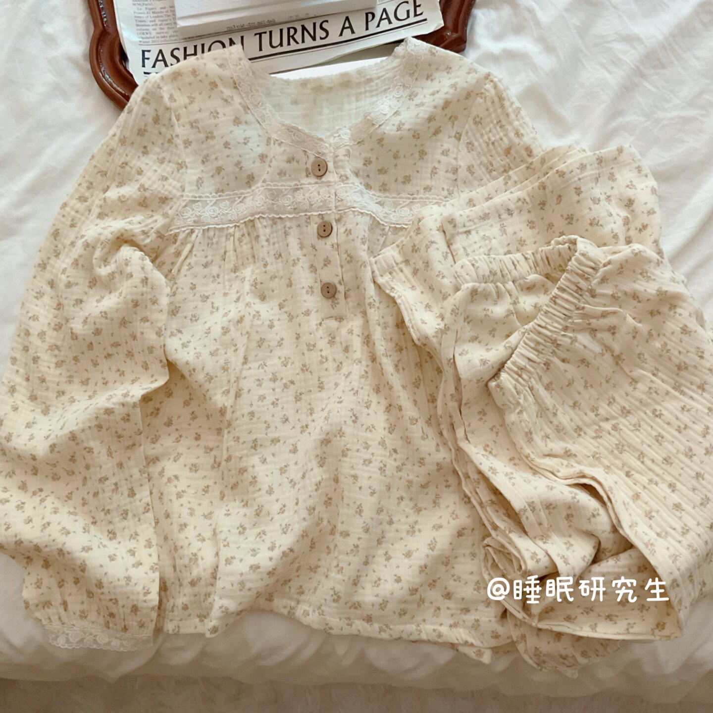 【小春日和】春夏季女睡衣软料双层纱日系碎花家居服纯棉套装圆领