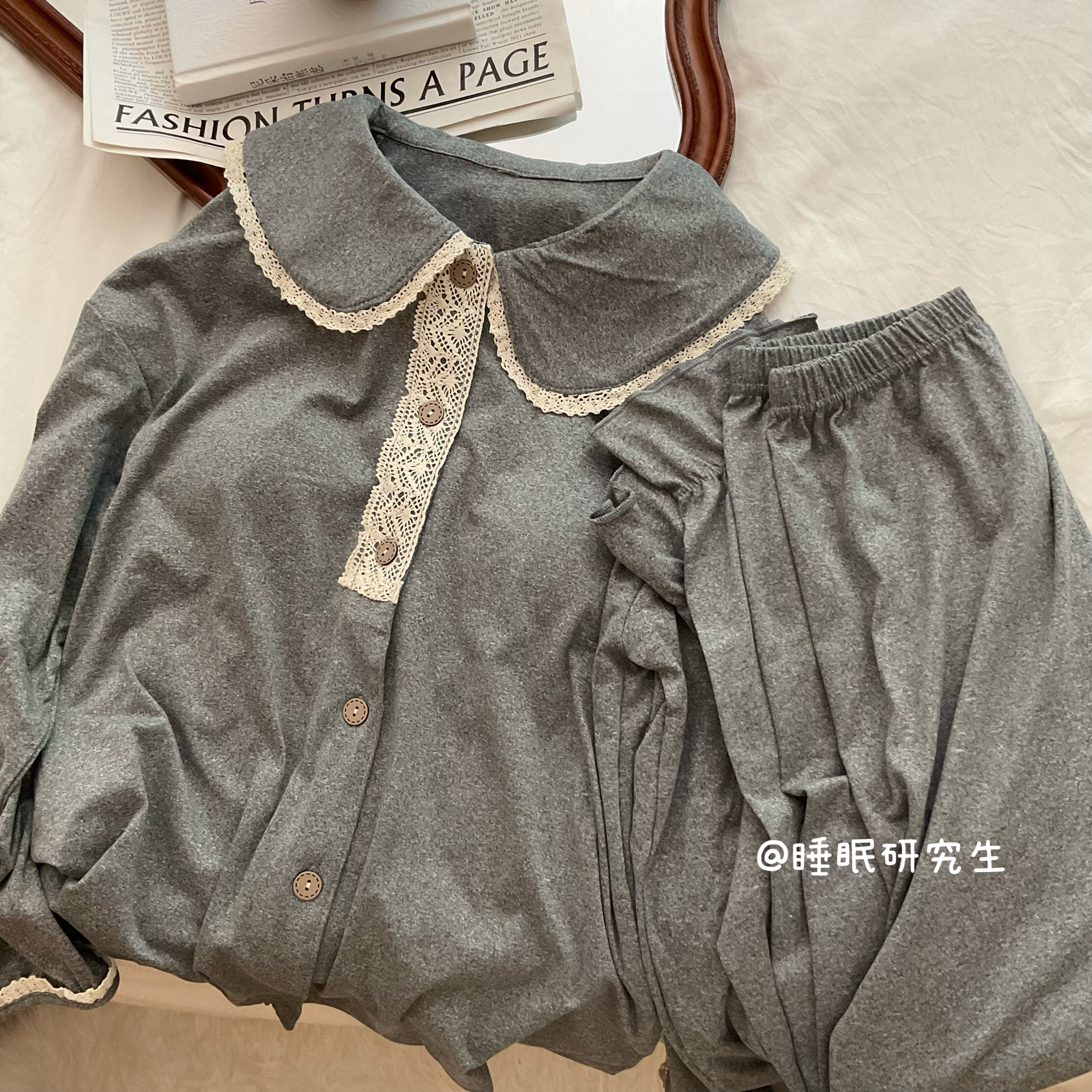 【你好卡农】带胸垫早春薄款德绒女睡衣套装娃娃领蕾丝花边家居服
