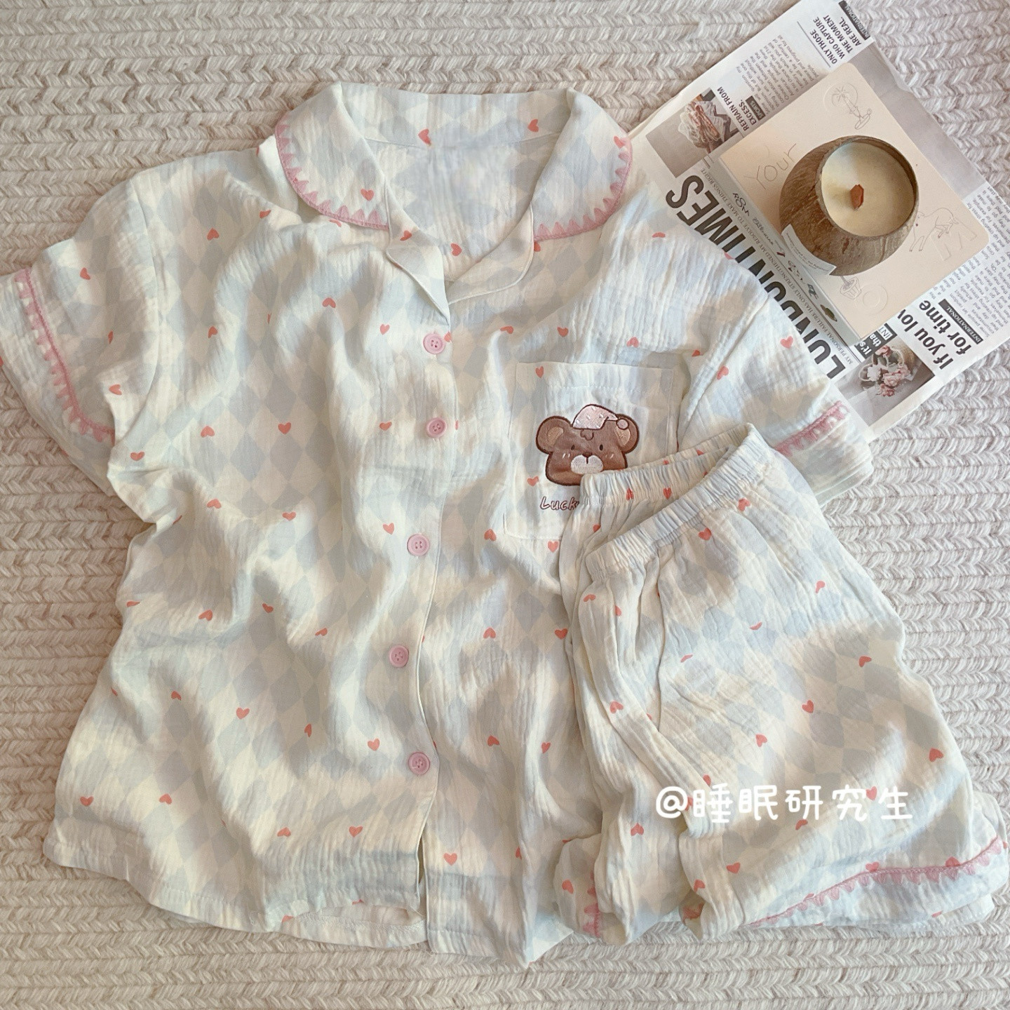 【蛋奶小熊】夏季女睡衣短袖短裤家居服泡泡纱婴儿软料纯棉双口袋