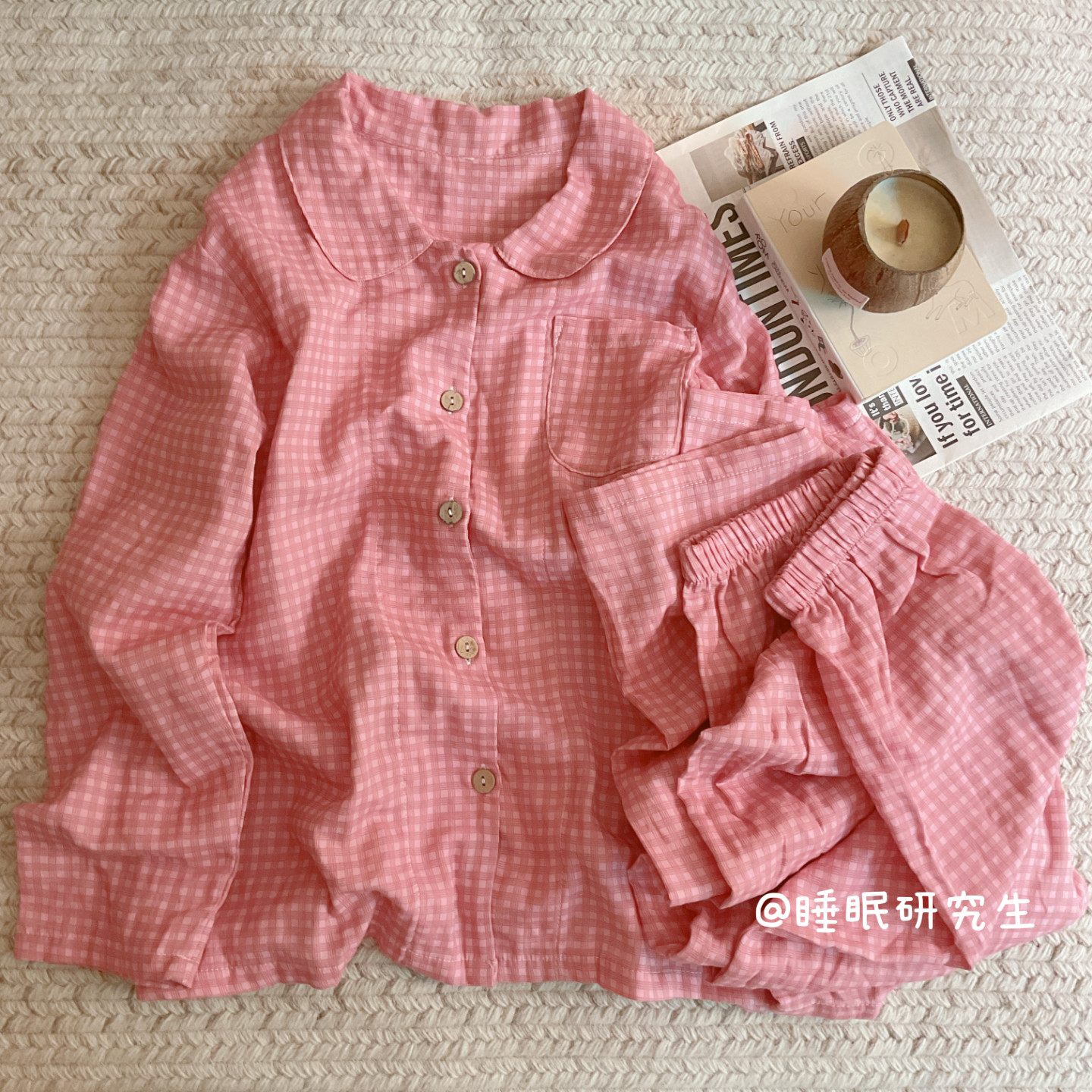 【四月物语】春秋季女睡衣日系格子家居服软料棉纱纯棉套装娃娃领