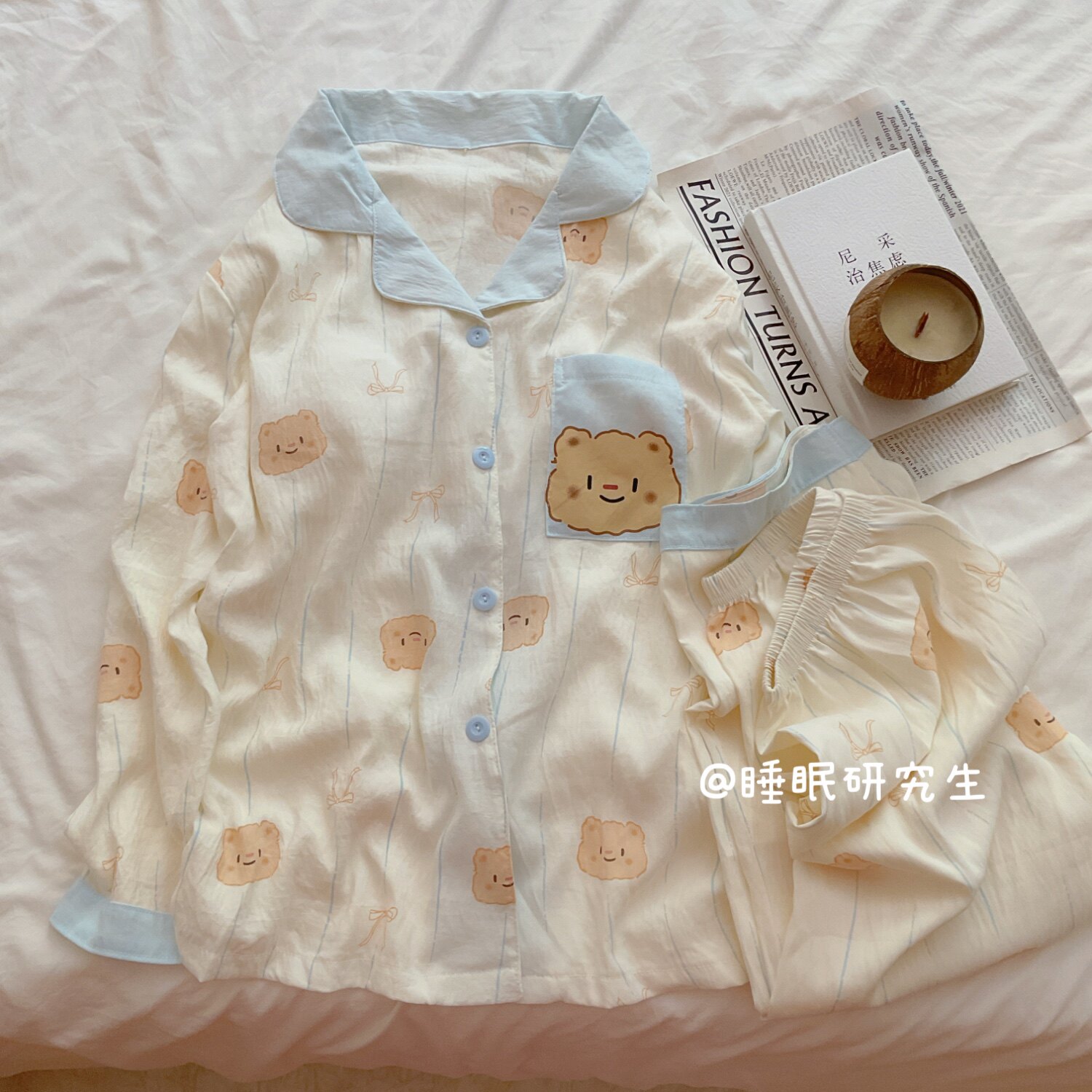 【香草小熊】带胸垫春秋季女睡衣软料轻凉感小奶皮系列家居服套装