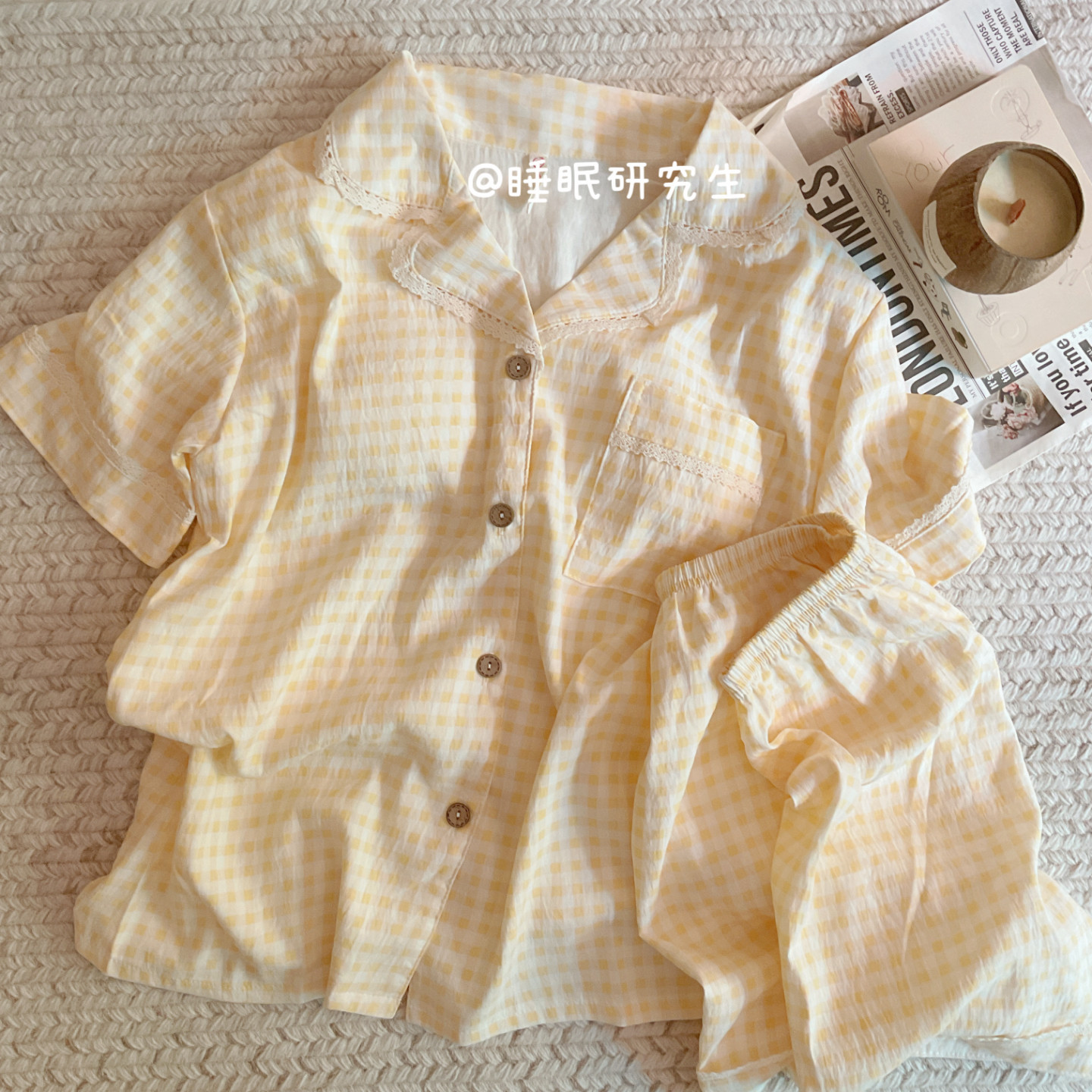【小奶皮系列】带胸垫夏季女睡衣家居服空气感短袖短裤遛弯套装