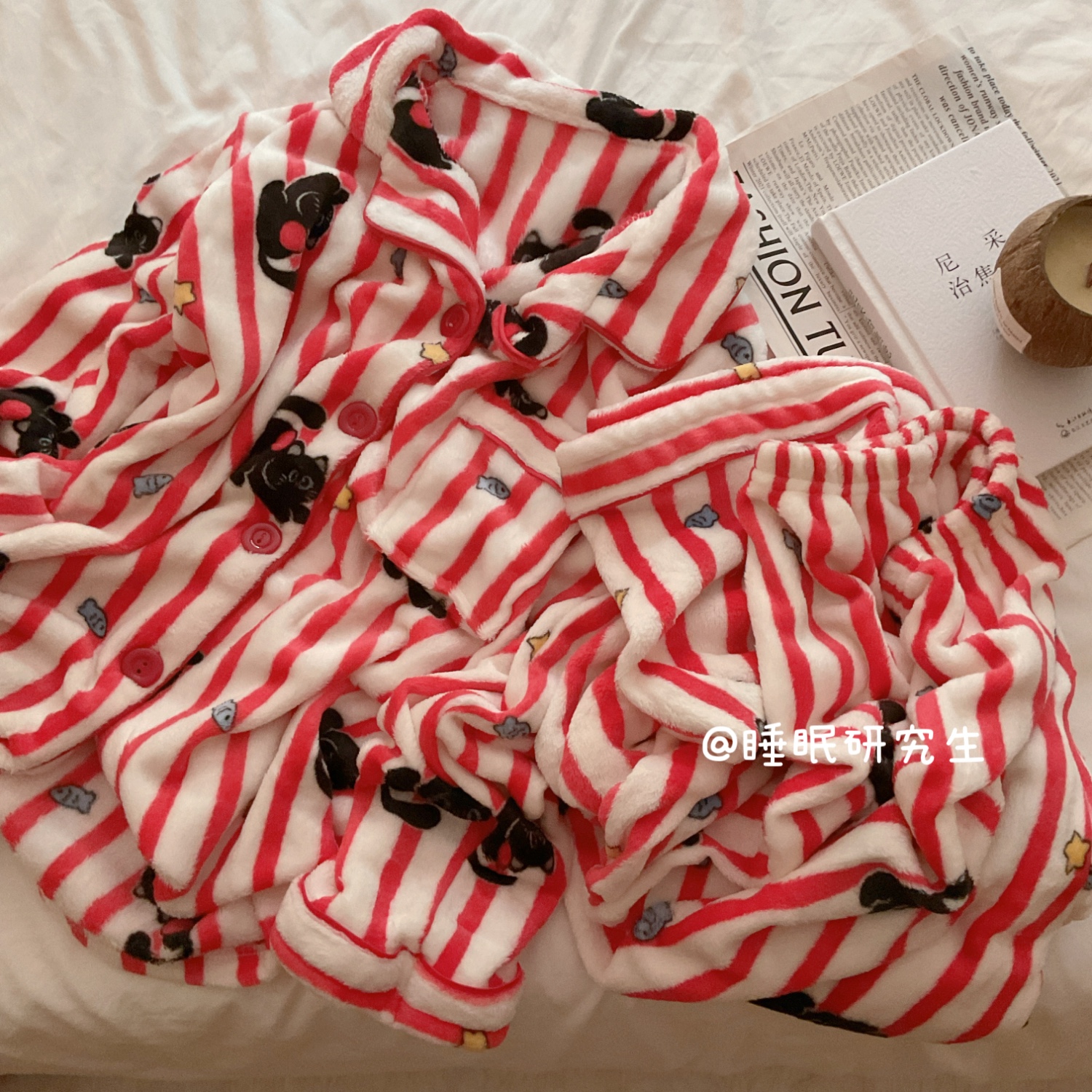 【出走番茄】秋冬季女睡衣轻量薄款蓄热家居服条纹蓬松法兰绒套装