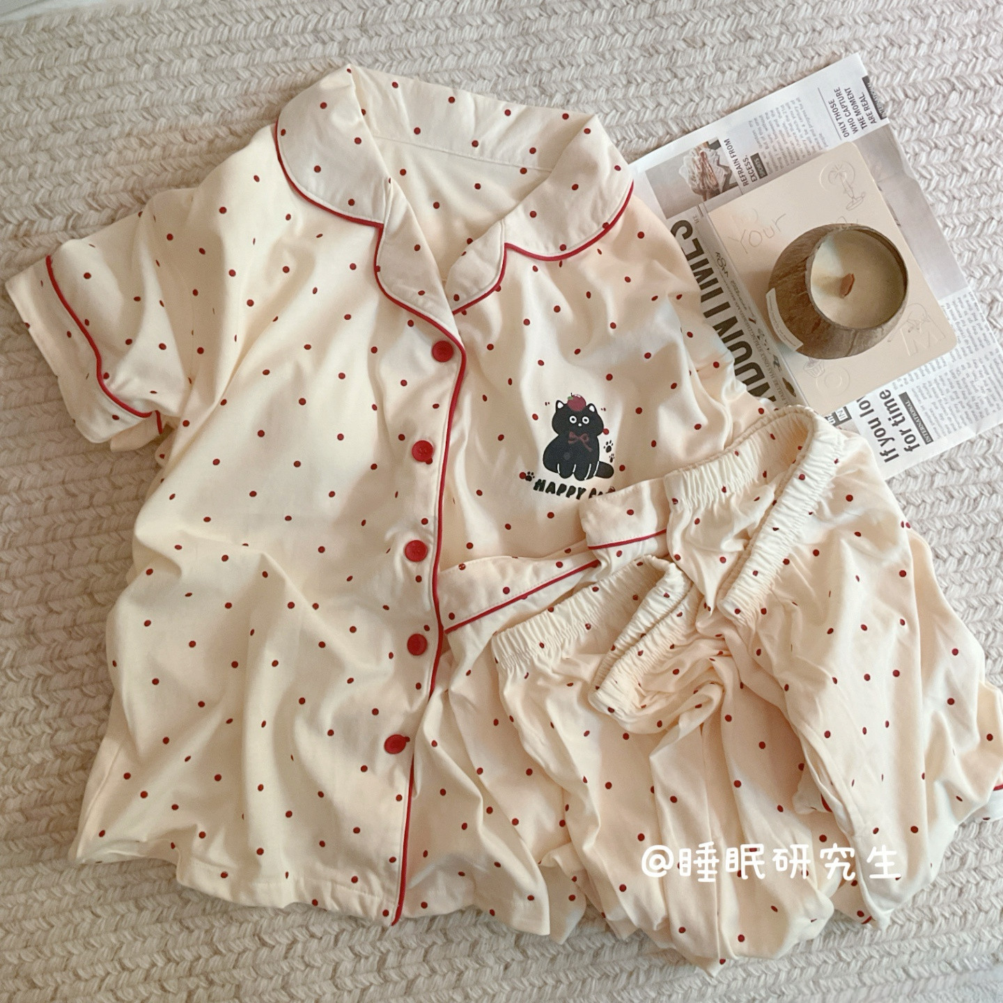 【樱桃小猫】春夏季女睡衣软料日系波点家居服短袖棉质三件套装