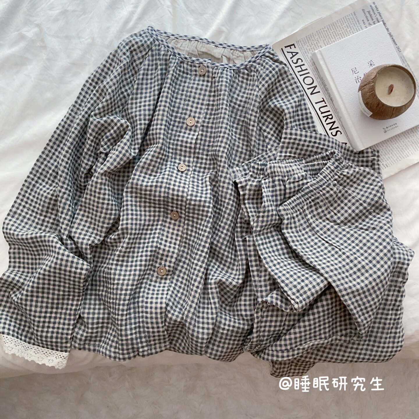 【摩卡慕斯】春夏季女睡衣软料简约格子日系家居服长袖纯棉套装