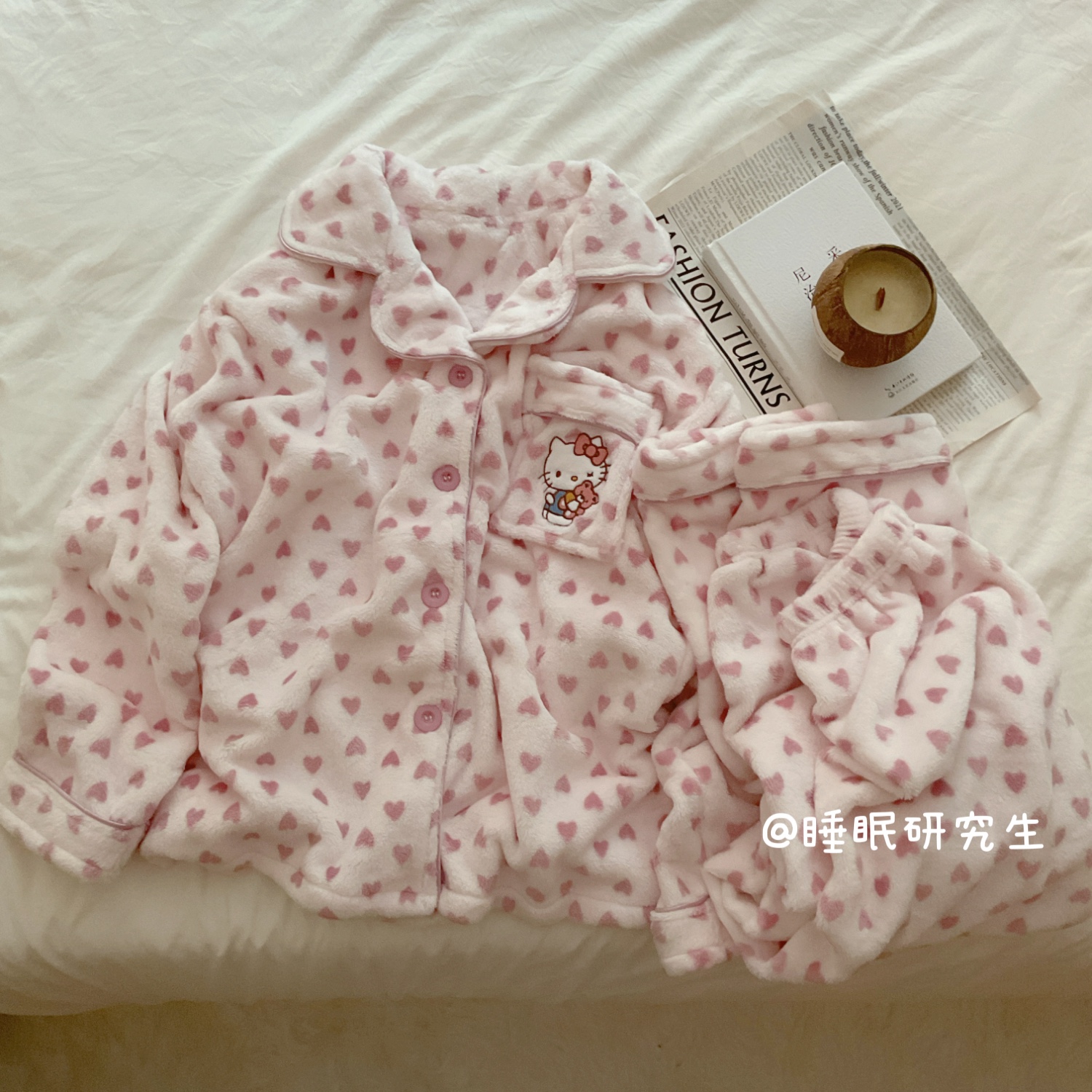 【草莓夹心】秋冬季女睡衣软料法兰绒桃心家居服蓄热套装kitty