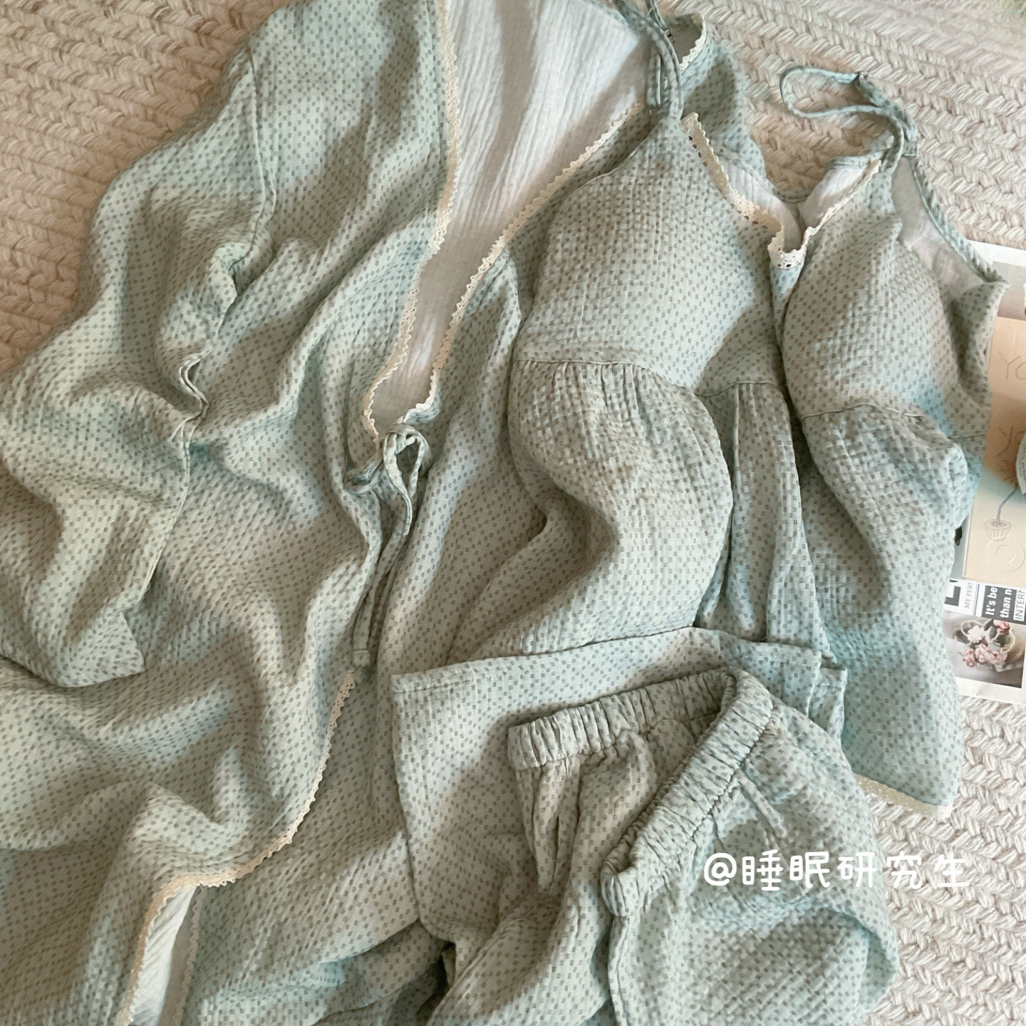 【宫古岛兰】带胸垫春夏季女睡衣软料日系和风家居服吊带三件套装