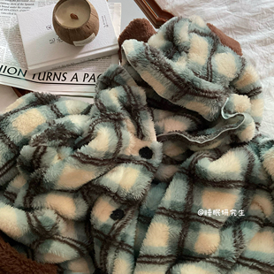 【波多黎各】睡袍秋冬季女保暖睡衣连体家居服花边小熊格子可外穿