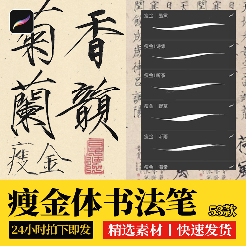 procreate笔刷瘦金体书法字体毛笔书写ipad手写行楷水墨枯墨签字