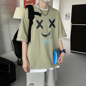 日系男潮流潮牌半截袖五分短袖T恤ins港风宽松上衣服A161-T19图片
