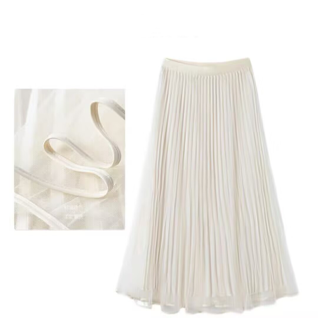 2026春日仙女裙~重工压褶网纱半身裙女松紧腰垂感飘逸纱裙子春季