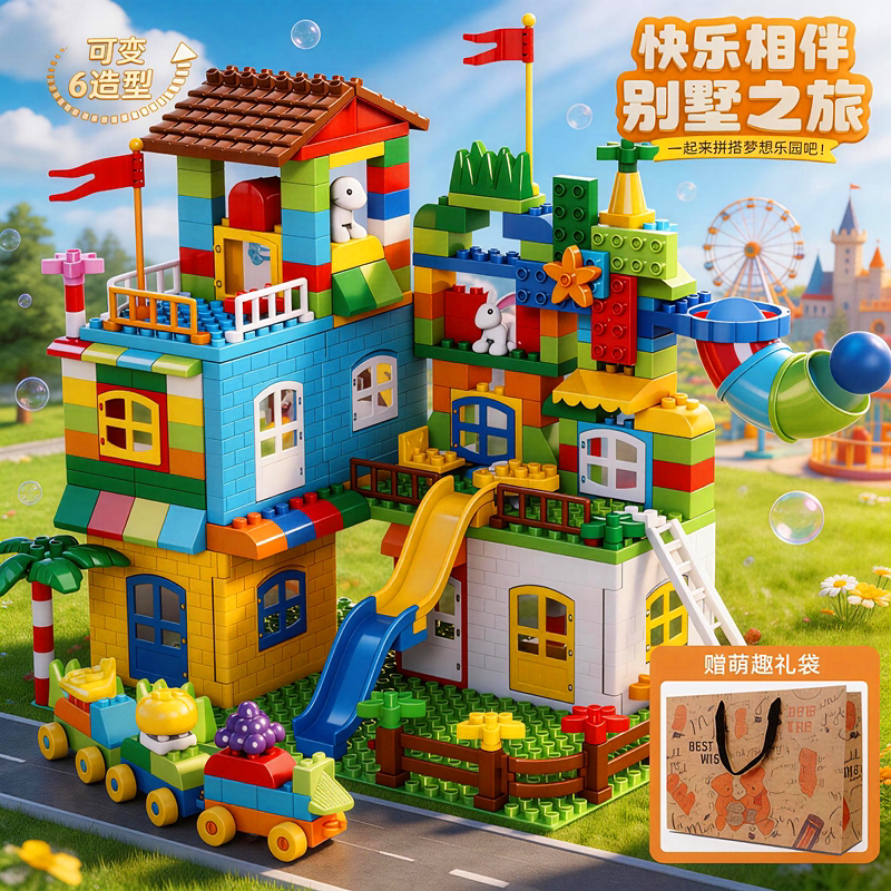 2026新款大颗粒城堡动物滑道积木益智儿童拼装玩具男女孩生日礼物