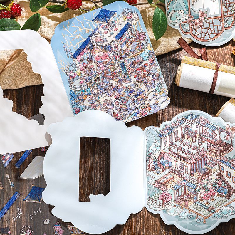 纸迹翻盖造景贴纸 浮光隙影系列 古风插画主题创意素材diy场景贴