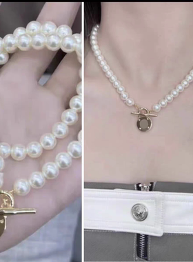 劳家欧美logo轻奢小众质感玻璃仿珍珠短款锁骨链饰品女生耳夹项链