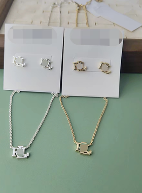 欧美热销出口劳家logo铜件镀金镀银耳钉品牌字母短款锁骨链项链女