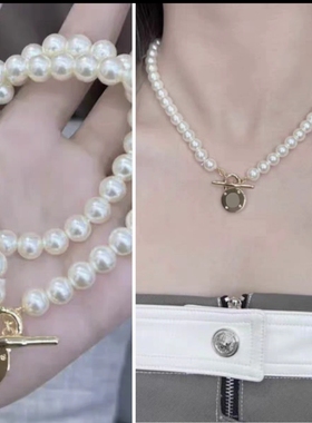 新款欧美logo轻奢小众质感玻璃仿珍珠短款锁骨链饰品女生耳夹项链