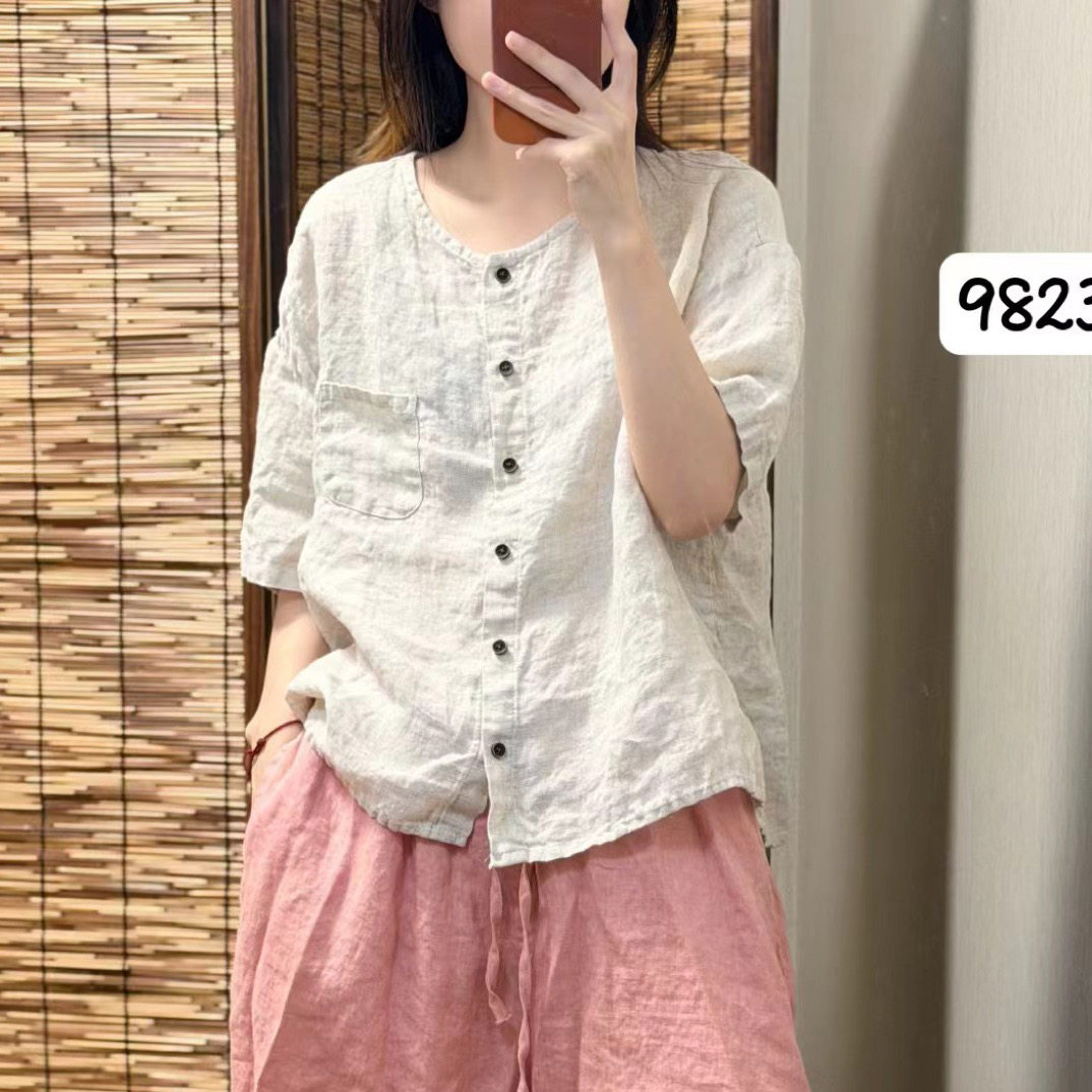 老钱风100%亚麻文艺复古风短袖衬衫女宽松百搭
