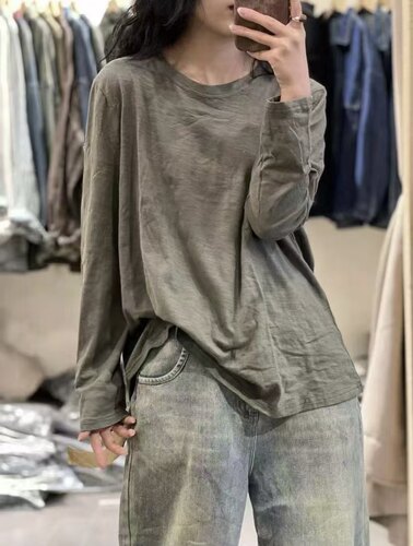 原创棉麻 老钱风100%竹节棉长袖大码打底T恤313（胸围125衣长65）