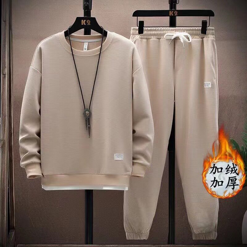 华夫格加绒加厚加大码卫衣男士秋冬季纯色休闲运动男装假两件