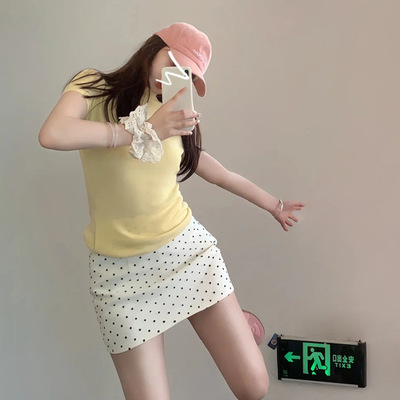 白色波点半身裙休闲百搭黑色包臀裙女夏季辣妹高腰A字裙西装短裙